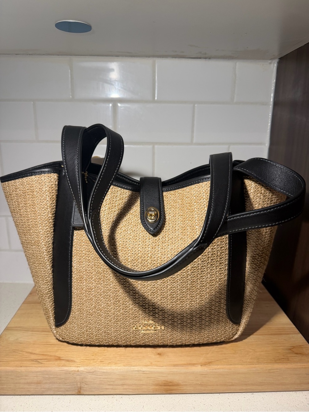 COACH Hadley Turn Lock Tote Bag Toast / Black Straw Smooth Leather - Picture 7 of 14